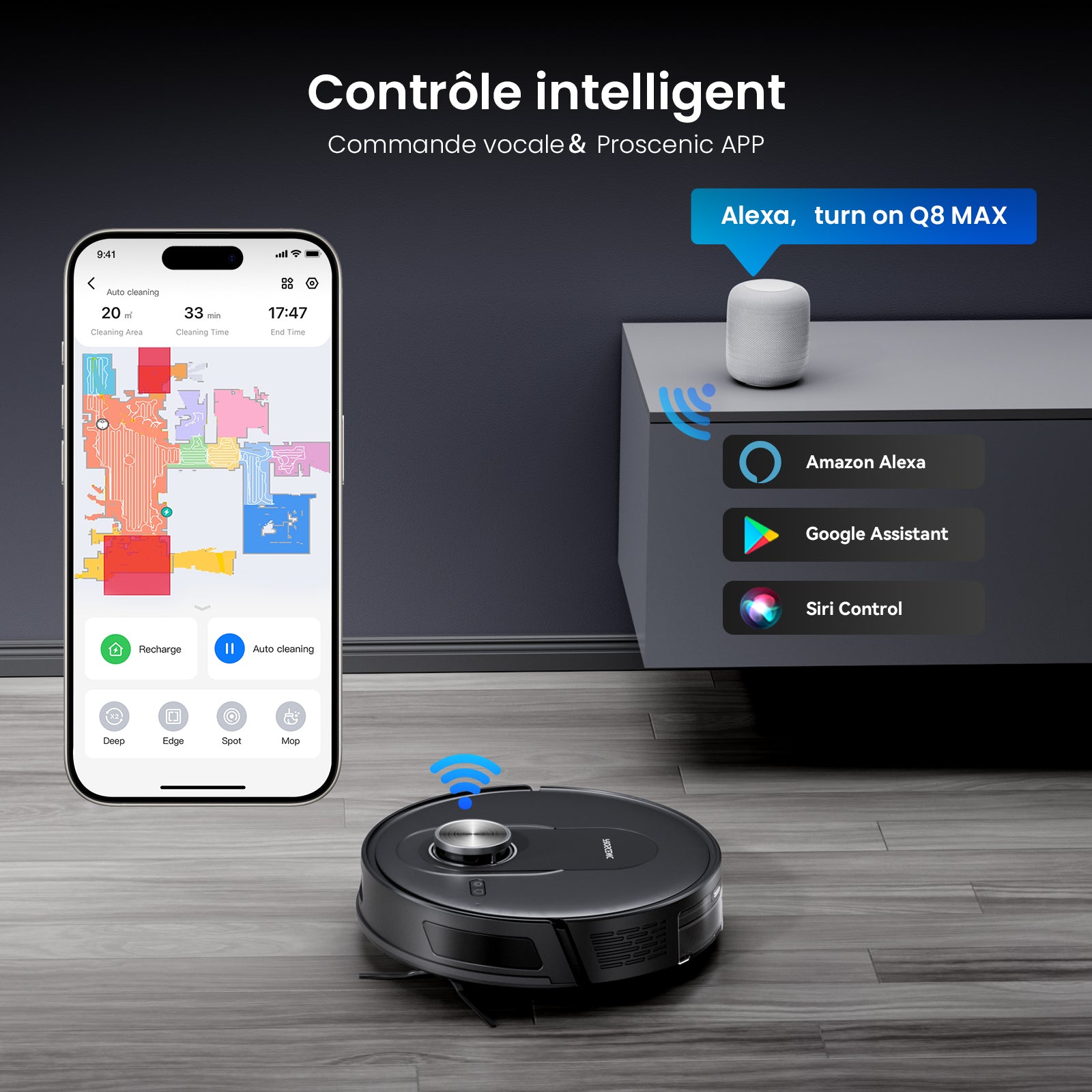 Robot Aspirateur-laveur Proscenic Q10 - 8000Pa, Navigation LiDAR, Autonomie 200 Min - 9,7 Cm Fin, Pour Poils D'animaux, Multi-cartes